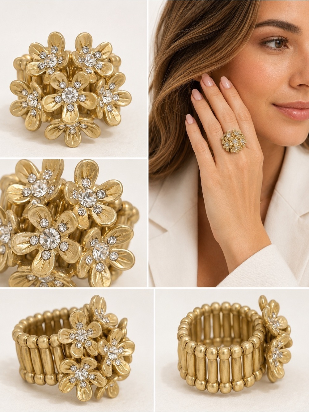 Gold Floral Crystal Cluster Stretch Ring